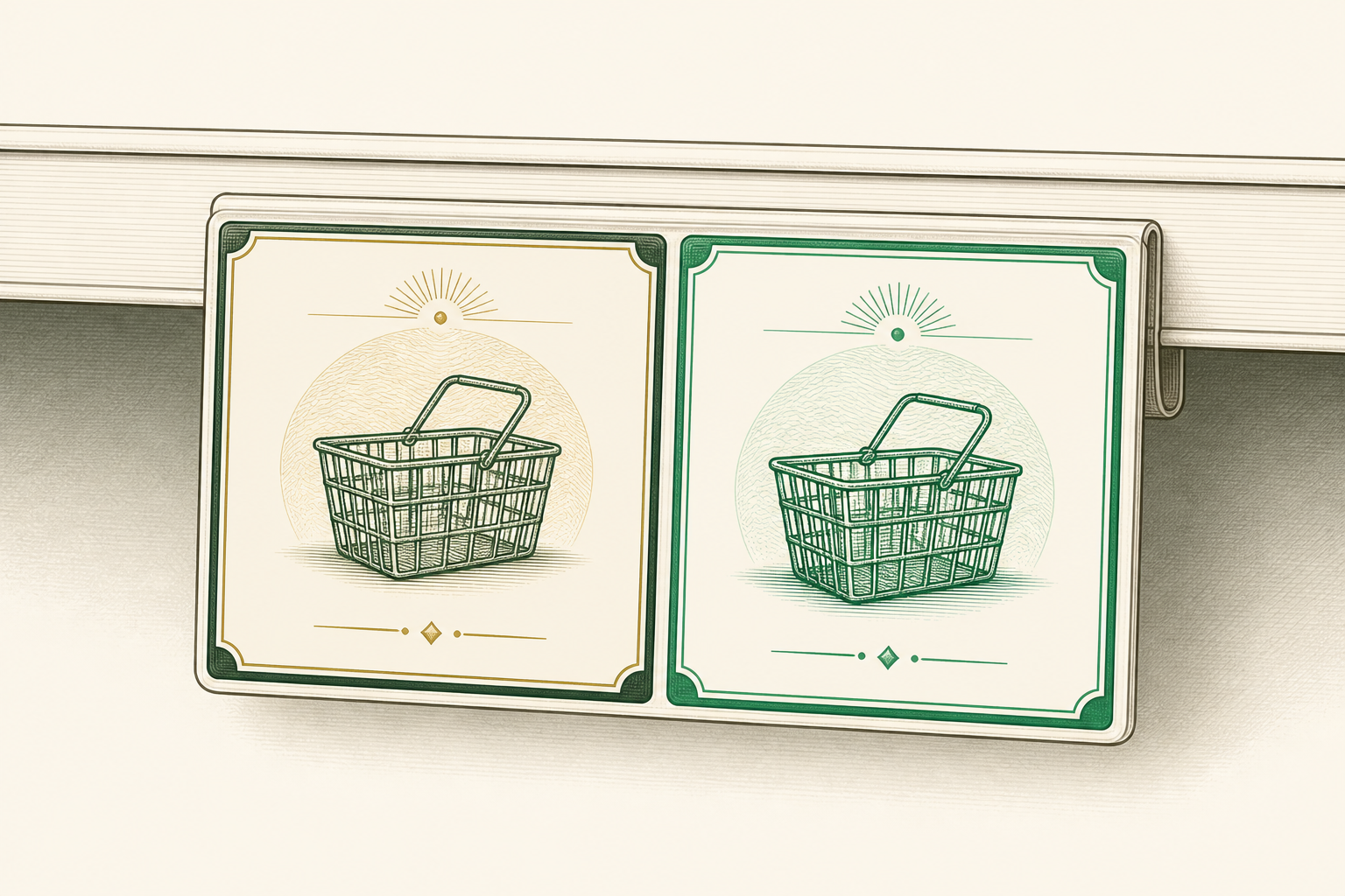 A shelf tag showing two prices for the same item — a cash price and a card price — with clear disclosure signage visible above the shelf